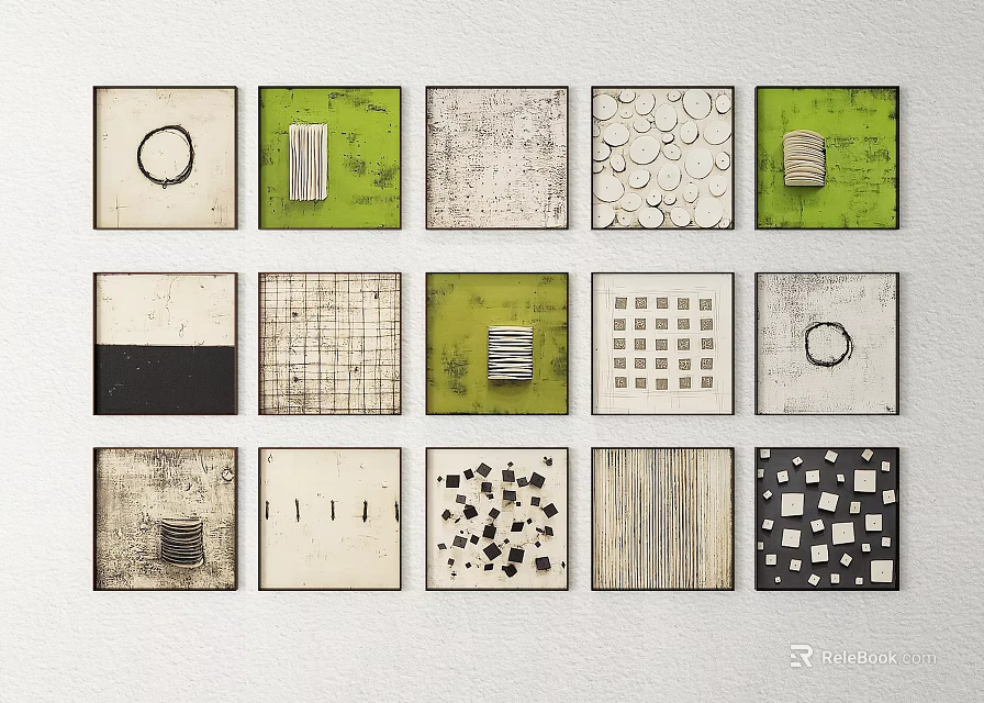 Abstract Square Artworks With Various Patterns In Green White Black Wall Decor 3d model