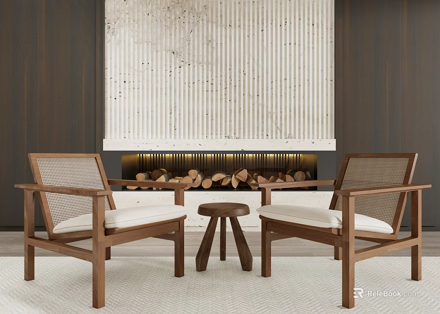 Wooden Table And Chairs Set With Mesh Back White Cushion By Fireplace Decorative Art 3d model 