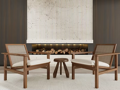 Wooden Table And Chairs Set With Mesh Back White Cushion By Fireplace Decorative Art 3d model