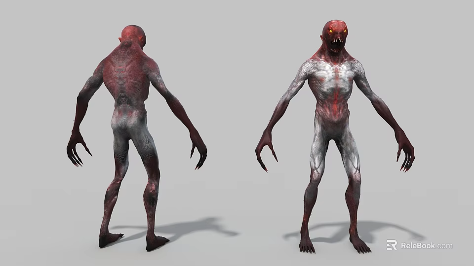 Game Movie Monster Character Front And Back View Red Gray Skin Slim Body Sharp Claws 3d model 