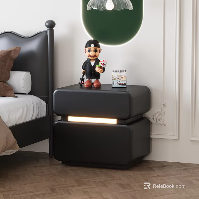 Sleek Black Modern Nightstand With Glowing Accent Doll Figure And Book By Bed 3d model 