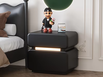 Sleek Black Modern Nightstand With Glowing Accent Doll Figure And Book By Bed 3d model