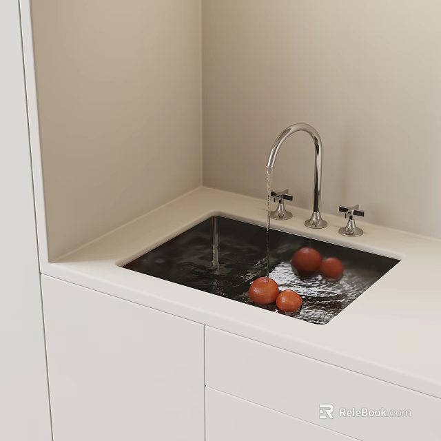Kitchen Sink with Running Water and Tomatoes on White Cabinet Countertop 3d model 