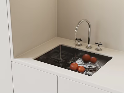 Kitchen Sink with Running Water and Tomatoes on White Cabinet Countertop 3d model