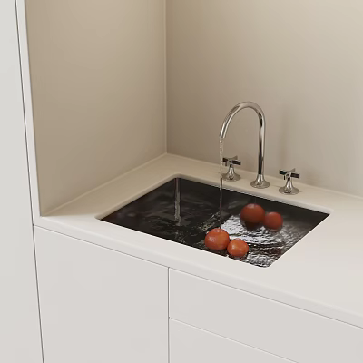Kitchen Sink with Running Water and Tomatoes on White Cabinet Countertop 3d model