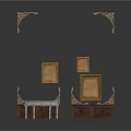 Scene Components Including Decorative Carved Corner Pieces Photo Frames And Small Cabinets