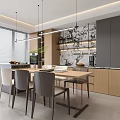 Modern Open Layout Dining Room Interior With Wooden Cabinets Dining Table Chairs And Pendant Lights