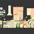 Cartoon Kitchen Scene with Orange and Green Cabinets Island Dining Table Chairs and Kitchen Utensils