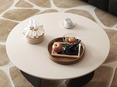 Round White Coffee Table with Wooden Tray Apple Teacup and Tissue Box in Living Room 3d model