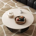 Round White Coffee Table with Wooden Tray Apple Teacup and Tissue Box in Living Room