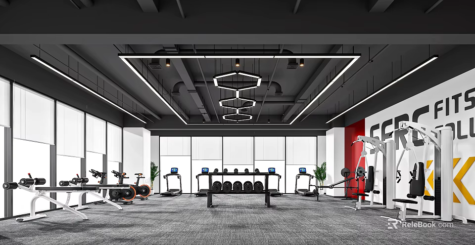 Modern Fitness Gym Interior With Dumbbells Treadmills And Workout Equipment 3d model 