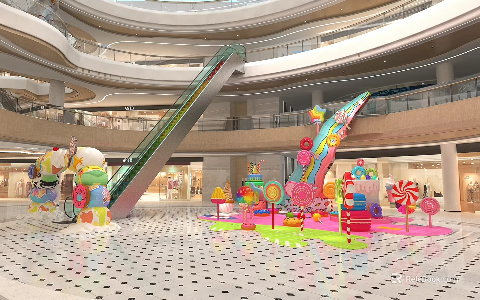 Vibrant Candy Themed Photo Spot In Mall Atrium With Lollipop And Ice Cream Decorations 3d model 