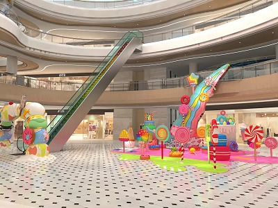 Vibrant Candy Themed Photo Spot In Mall Atrium With Lollipop And Ice Cream Decorations 3d model