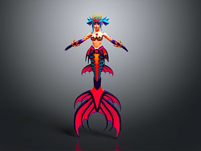 3D Fantasy Game Mermaid Character Model With Blue Hair Headdress And Colorful Fish Tail 3d model