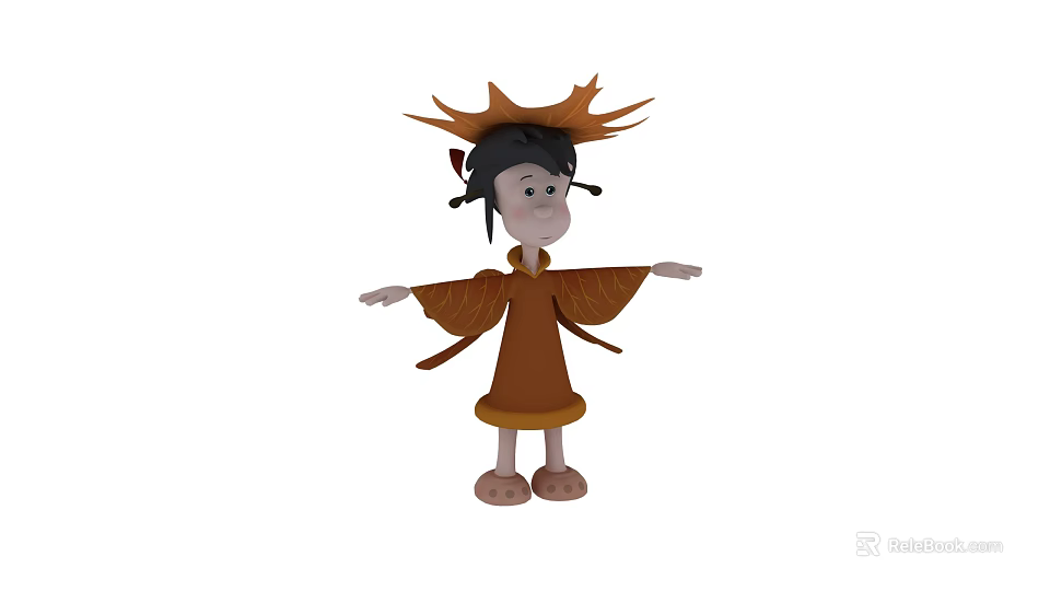 Game Anime Character With Black Hair Maple Leaf Decoration Brown Kimono Arms Outstretched 3d model 