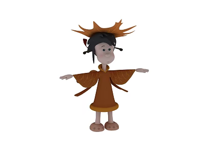 Game Anime Character With Black Hair Maple Leaf Decoration Brown Kimono Arms Outstretched 3d model