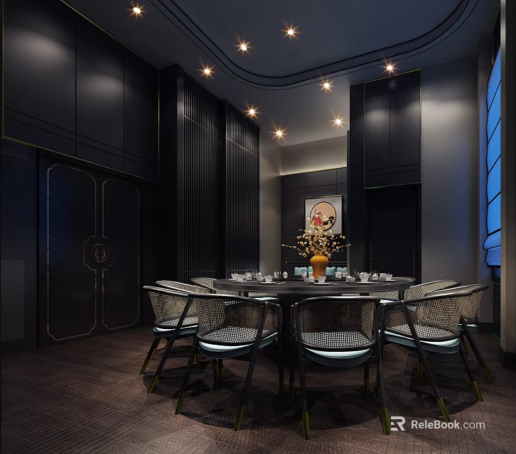 Luxury Private Dining Box With Dark Decor Round Table Chairs And Lighting 3d model
