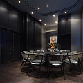 Luxury Private Dining Box With Dark Decor Round Table Chairs And Lighting 3d model