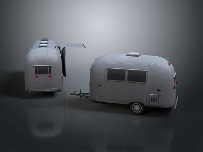 Gray Camping Trailer With Windows And Open Door In Two Views 3d model