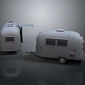 Gray Camping Trailer With Windows And Open Door In Two Views
