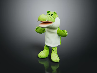 Green Alligator Sculpture With Open Mouth Wearing White Vest And Green Limbs On Dark Background 3d model