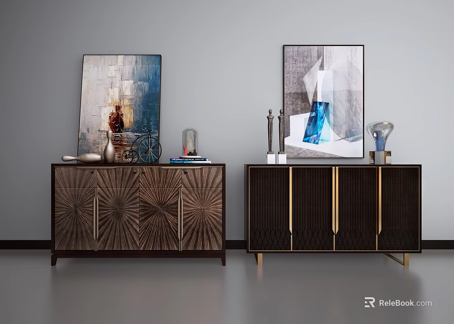 Elegant Wooden Sideboards With Radiant Textured Doors Golden Lines And Decorative Artworks 3d model 