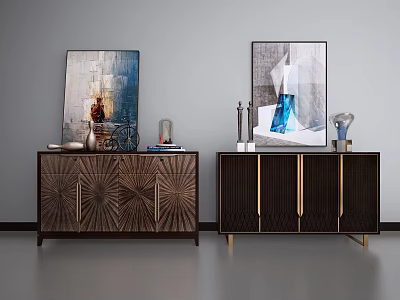 Elegant Wooden Sideboards With Radiant Textured Doors Golden Lines And Decorative Artworks 3d model
