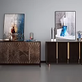 Elegant Wooden Sideboards With Radiant Textured Doors Golden Lines And Decorative Artworks