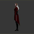 3D Game Movie Character With White Hair Red Eyes White Horns Red Coat Black Gloves