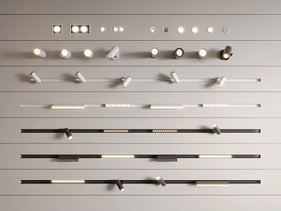 Modern Downlights And Spotlights In Various Styles Arranged On Grey Shelves 3d model