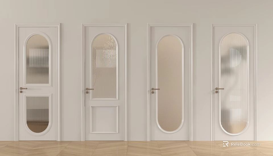 Elegant White Swing Doors Featuring Arched And Striped Glass For Modern Home Interior 3d model 