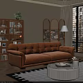 Orange Velour Sectional Sofa with Woven Rattan Screen Wooden Bookshelf and Round Coffee Table