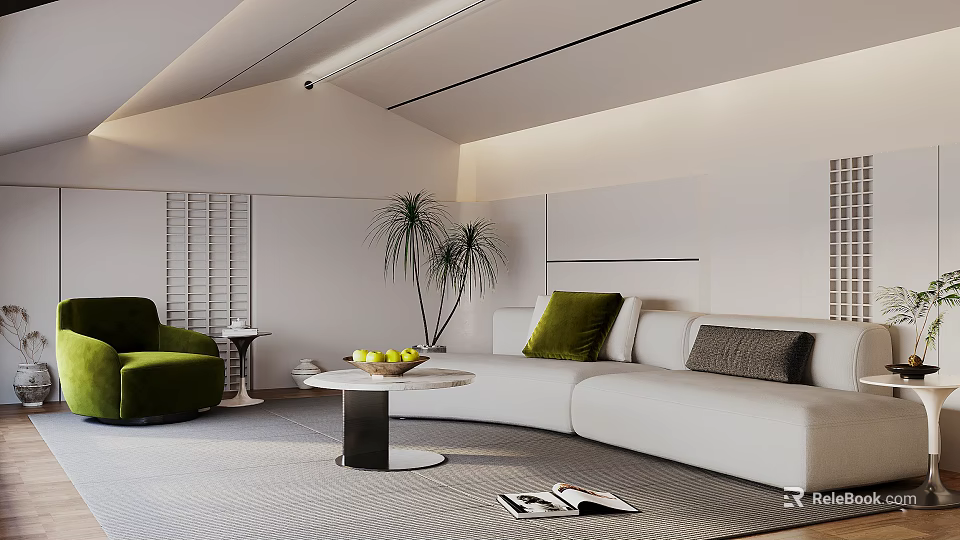 Modern Living Room Interior Design With White Sofa Green Chair Coffee Table And Potted Plant 3d model 