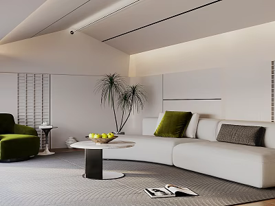 Modern Living Room Interior Design With White Sofa Green Chair Coffee Table And Potted Plant 3d model