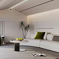 Modern Living Room Interior Design With White Sofa Green Chair Coffee Table And Potted Plant