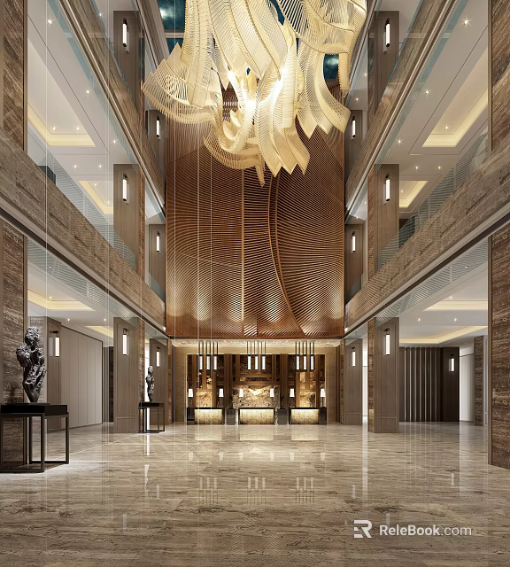 Luxurious Hotel Lobby Interior Design With Chandelier Marble Floor And Decorative Wall 3d model 