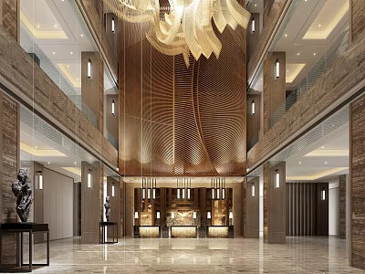 Luxurious Hotel Lobby Interior Design With Chandelier Marble Floor And Decorative Wall 3d model
