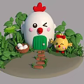 Cartoon Chicken Shaped House With Green Door Little Yellow Chick Egg Basket And Green Plants
