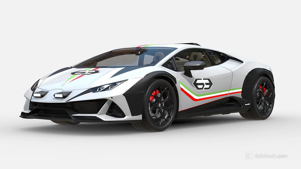 Sleek White Sports Car Featuring Green White Red Stripes And Black Alloy Wheels Exterior Design 3d model 