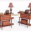 Wooden Entryway Cabinet Sideboard with Drawers Table Lamp Books and Decorative Items