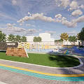 Park Landscape Featuring Basketball Court Green Lawns Trees People Walking And Colorful Paved Areas