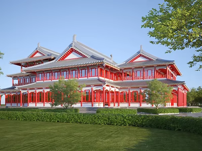 Traditional Chinese Architecture With Flying Eaves Red Pillars And Ornate Wooden Windows 3d model
