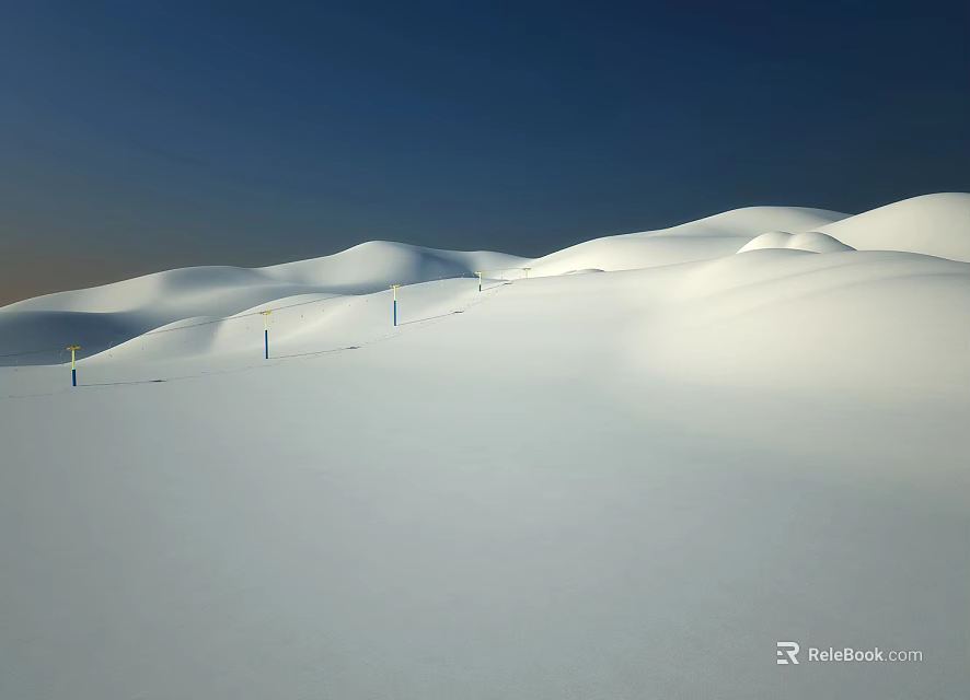 Vast Snowy Field With Rolling Hills Deep Blue Sky Blue Poles And Orange Light 3d model 