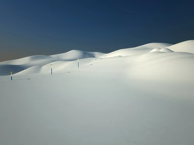 Vast Snowy Field With Rolling Hills Deep Blue Sky Blue Poles And Orange Light 3d model