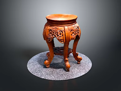 Traditional Chinese Wooden Stool With Carved Patterns And Round Top Design 3d model