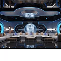 Luxury Modern KTV Lounge Interior With Blue Lighting Circular Decor And Sofa Area