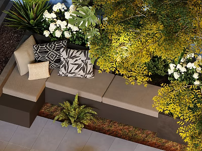 Modern Home Balcony With Comfortable Bench Green Plants And White Flowers 3d model