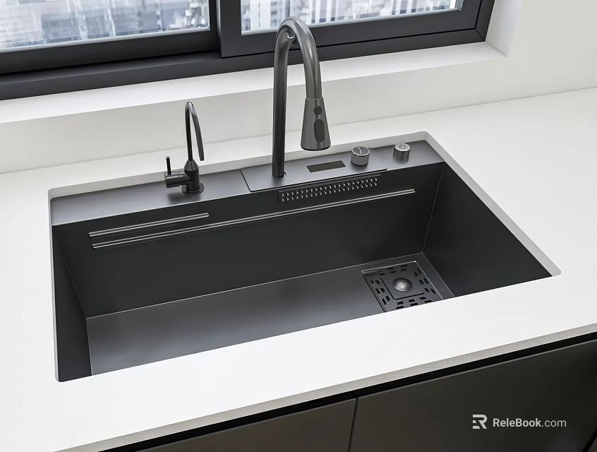Modern Black Kitchen Sink With Sleek Built In Design And White Countertop Faucet 3d model 