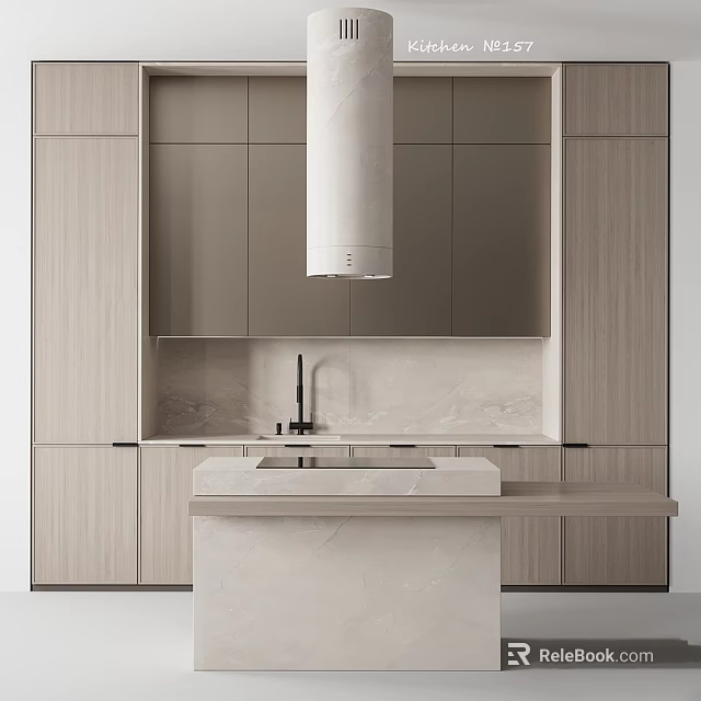 Modern Kitchen Sleek Light Wood Cabinets With Marble Countertop Central Island And Range Hood 3d model 