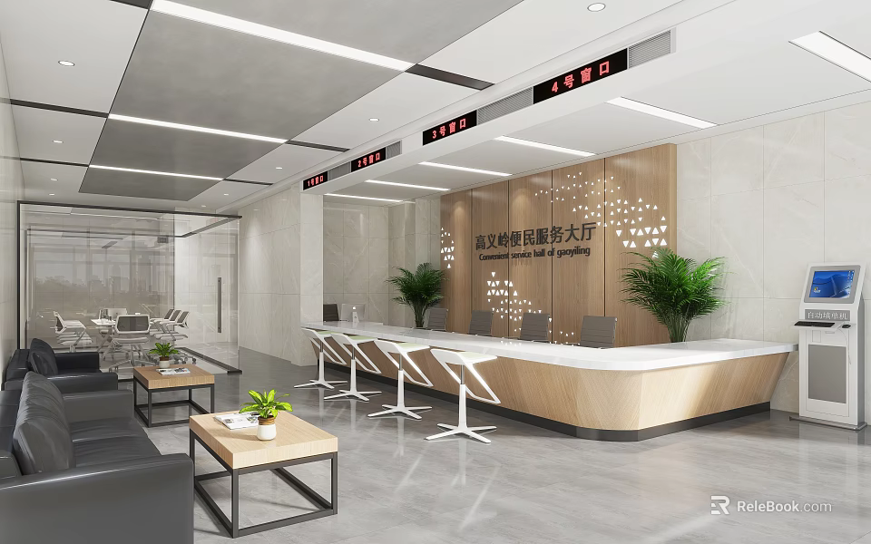 Modern Government Affairs Service Hall Interior Design With Reception Desk Potted Plants And Waiting Area Chairs 3d model 